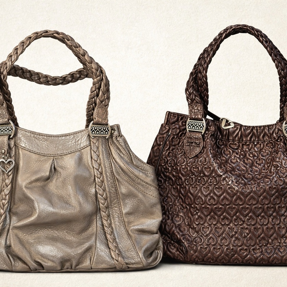 Two Brighton Braided Handle Shoulder Bags - Pewter and Brown
